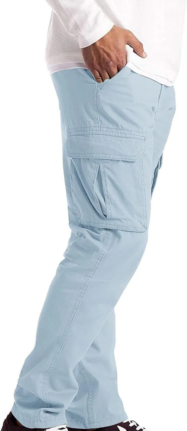 Men’s Cargo Pants Plain Drawstring Elastic Waist Summer Work Pants Casual Plain Sport Trousers with Multi Pockets