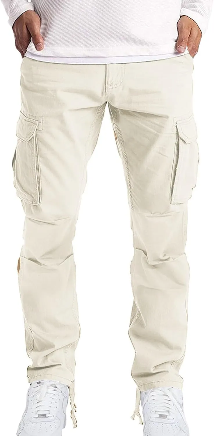Men’s Cargo Pants Plain Drawstring Elastic Waist Summer Work Pants Casual Plain Sport Trousers with Multi Pockets