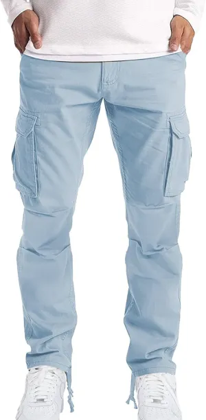 Men’s Cargo Pants Plain Drawstring Elastic Waist Summer Work Pants Casual Plain Sport Trousers with Multi Pockets