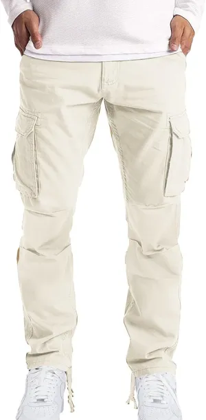 Men’s Cargo Pants Plain Drawstring Elastic Waist Summer Work Pants Casual Plain Sport Trousers with Multi Pockets