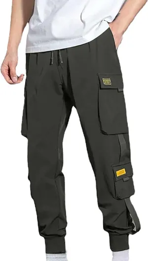 Mens Cargo Pants Plus Size Drawstring Elastic Waist Fall Work Pants Casual Solid Tapered Trousers with Multi Pocket