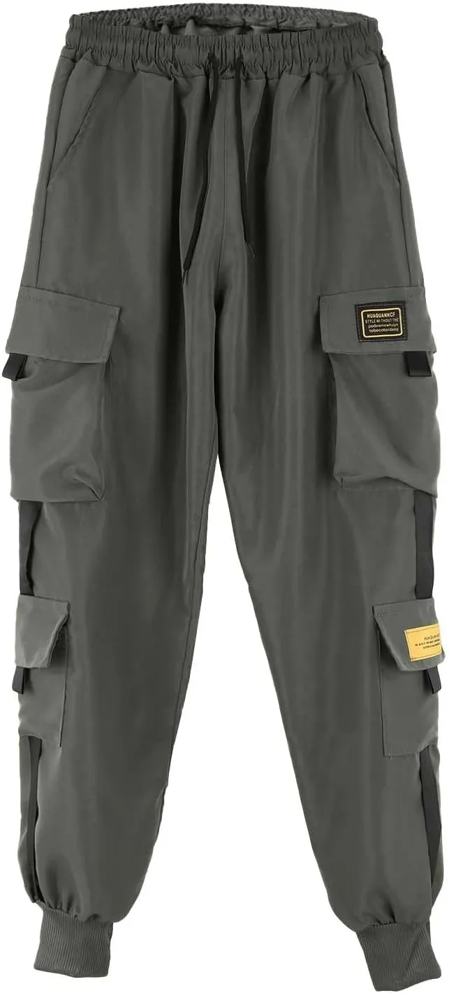 Mens Cargo Pants Plus Size Drawstring Elastic Waist Fall Work Pants Casual Solid Tapered Trousers with Multi Pocket