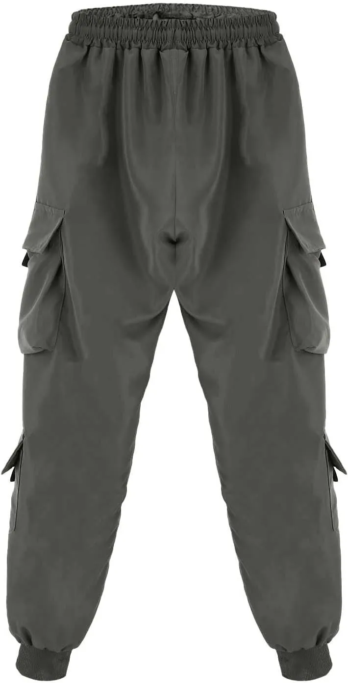 Mens Cargo Pants Plus Size Drawstring Elastic Waist Fall Work Pants Casual Solid Tapered Trousers with Multi Pocket