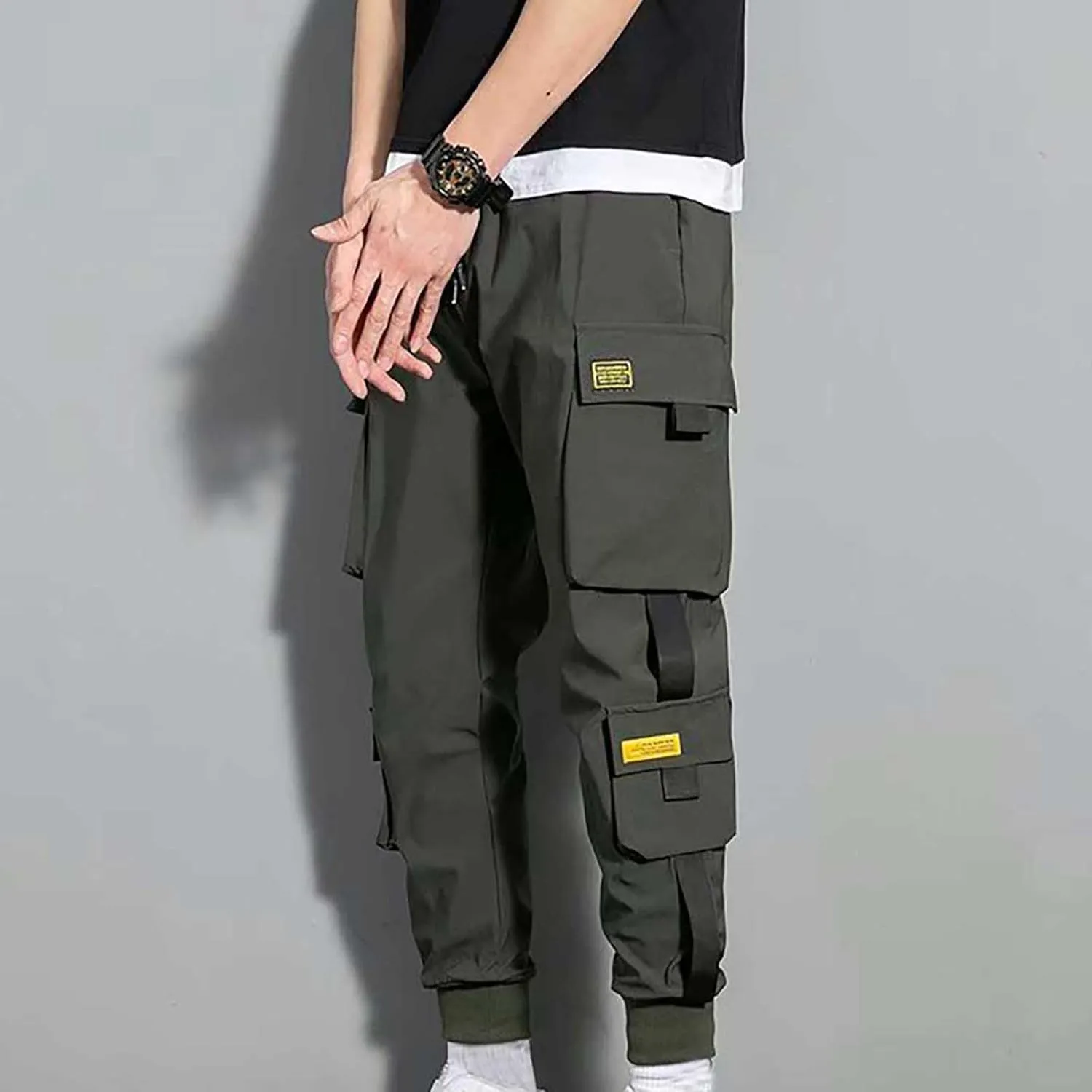 Mens Cargo Pants Plus Size Drawstring Elastic Waist Fall Work Pants Casual Solid Tapered Trousers with Multi Pocket