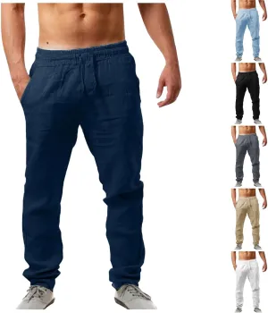 Mens Casual Cotton Pants Solid Color Yoga Beach Pants Lounge Joggers Workout Sport Pants Trousers with Pocket