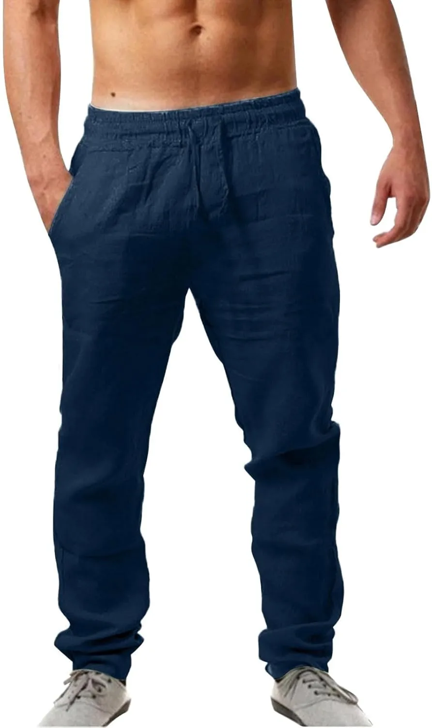Mens Casual Cotton Pants Solid Color Yoga Beach Pants Lounge Joggers Workout Sport Pants Trousers with Pocket