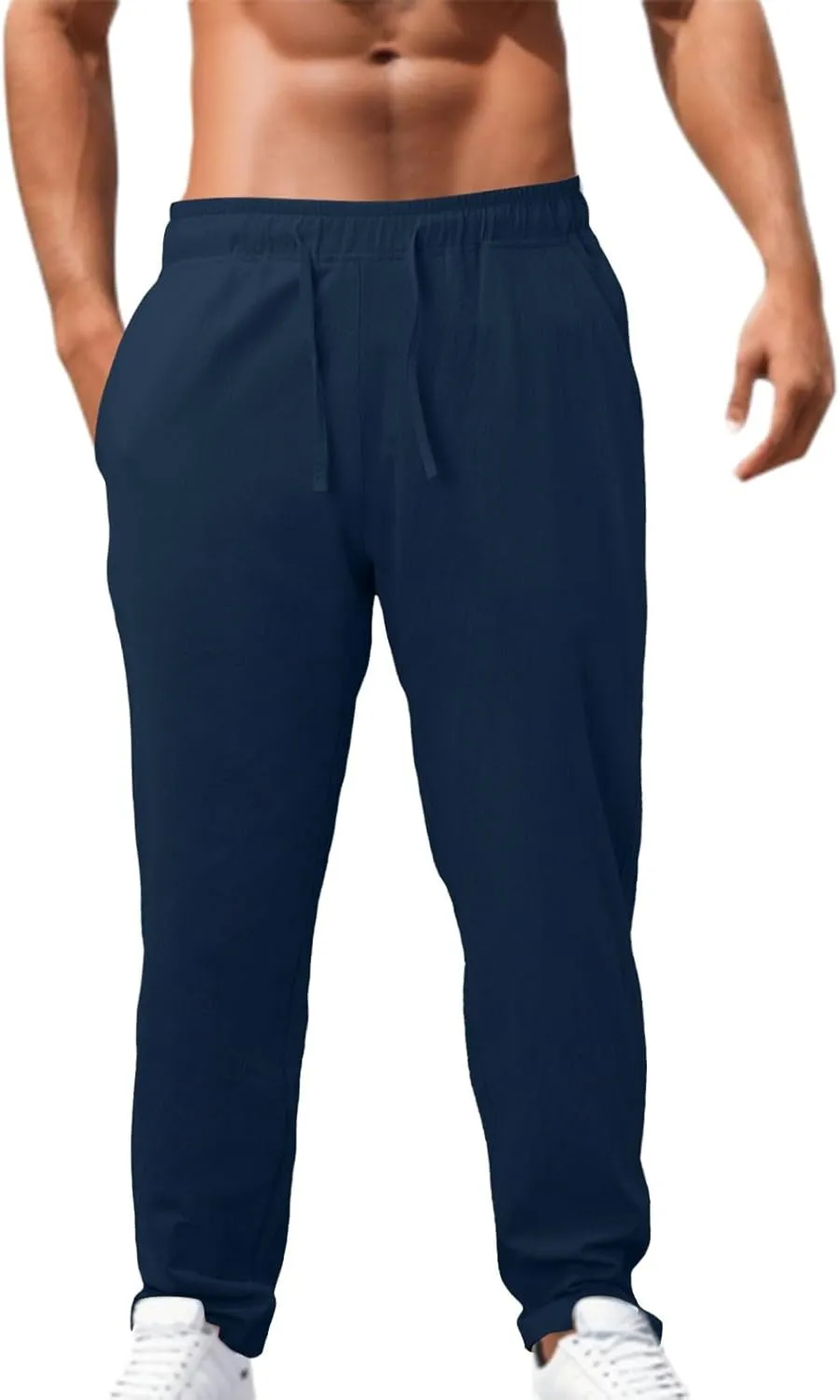 Mens Casual Cotton Pants Solid Color Yoga Beach Pants Lounge Joggers Workout Sport Pants Trousers with Pocket