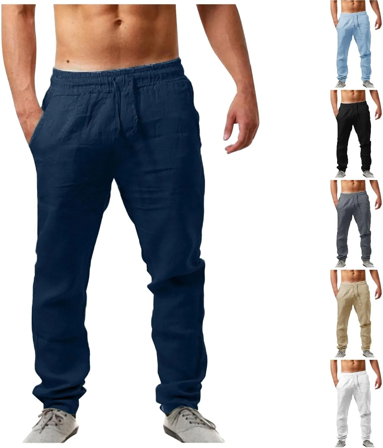 Mens Casual Cotton Pants Solid Color Yoga Beach Pants Lounge Joggers Workout Sport Pants Trousers with Pocket