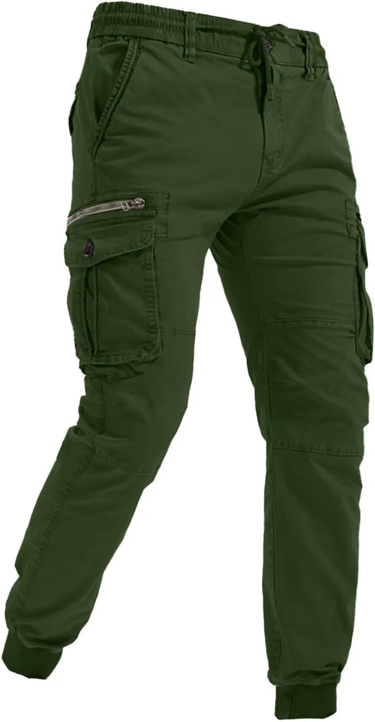 Mens Casual Joggers Cargo Pants Elastic Drawstring Chino Tactical Work Pants Outdoor Hiking Tapered Track Sweatpants