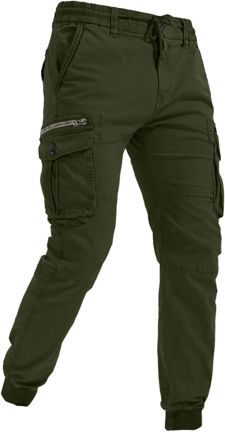 Mens Casual Joggers Cargo Pants Elastic Drawstring Chino Tactical Work Pants Outdoor Hiking Tapered Track Sweatpants