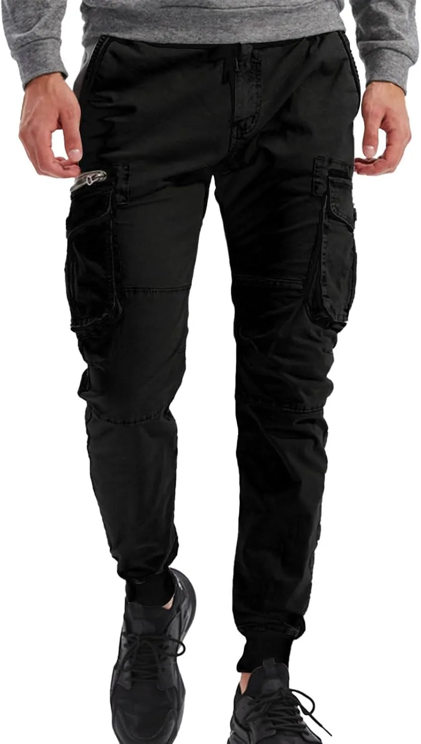 Mens Casual Joggers Cargo Pants Elastic Drawstring Chino Tactical Work Pants Outdoor Hiking Tapered Track Sweatpants