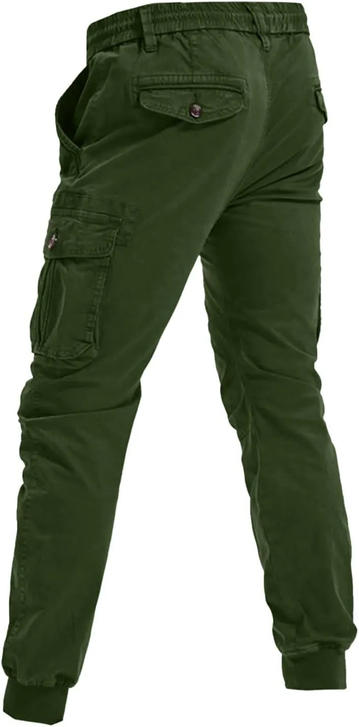 Mens Casual Joggers Cargo Pants Elastic Drawstring Chino Tactical Work Pants Outdoor Hiking Tapered Track Sweatpants