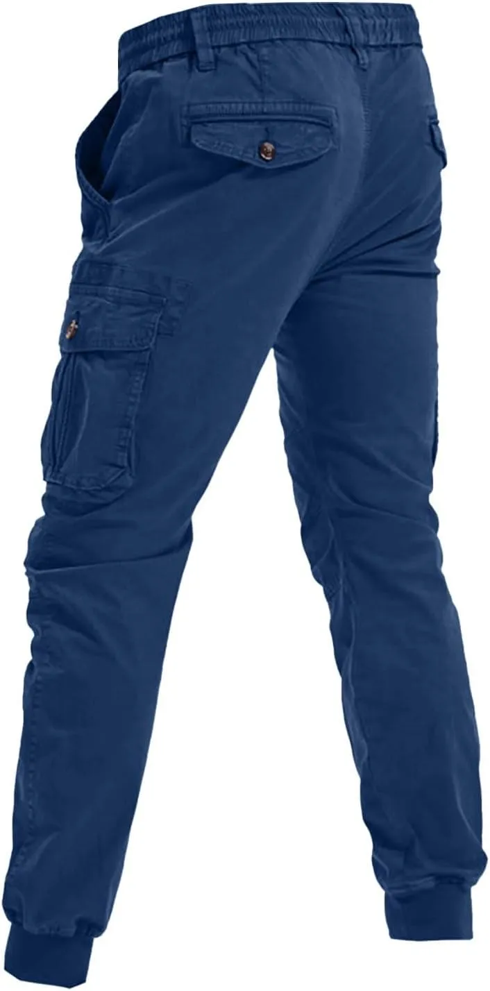 Mens Casual Joggers Cargo Pants Elastic Drawstring Chino Tactical Work Pants Outdoor Hiking Tapered Track Sweatpants
