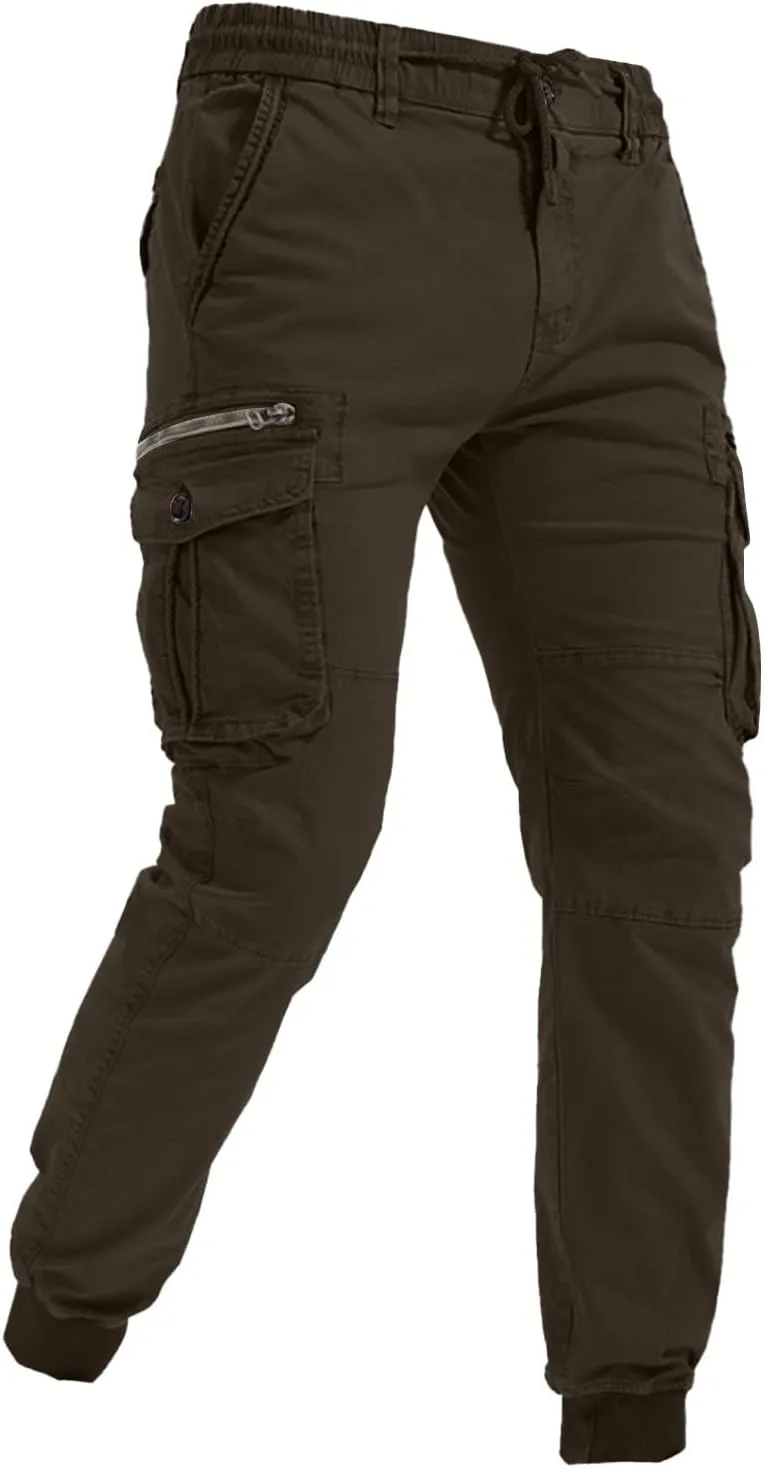 Mens Casual Joggers Cargo Pants Elastic Drawstring Chino Tactical Work Pants Outdoor Hiking Tapered Track Sweatpants
