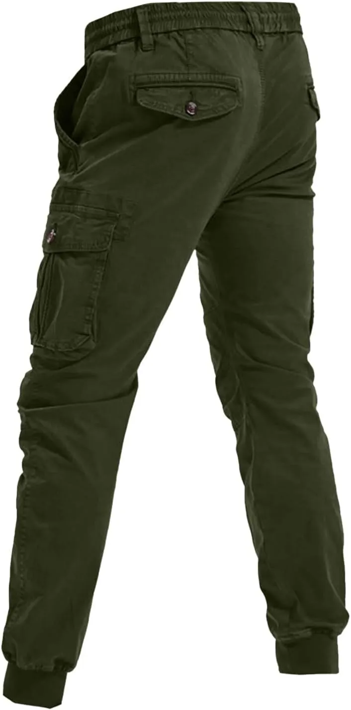 Mens Casual Joggers Cargo Pants Elastic Drawstring Chino Tactical Work Pants Outdoor Hiking Tapered Track Sweatpants