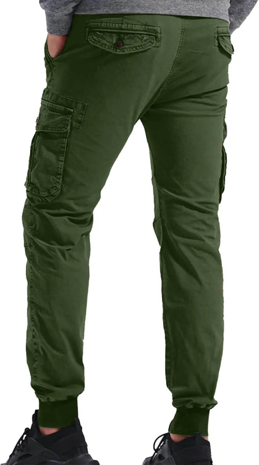 Mens Casual Joggers Cargo Pants Elastic Drawstring Chino Tactical Work Pants Outdoor Hiking Tapered Track Sweatpants