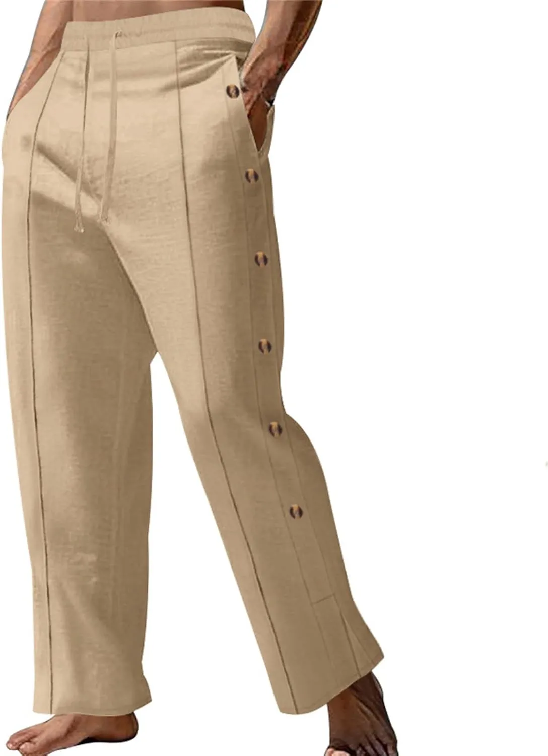Mens Casual Linen Pants Lightweight Elastic Waist Beach Vacation Yoga Pants Solid Straight Slacks Drawstring Trouser