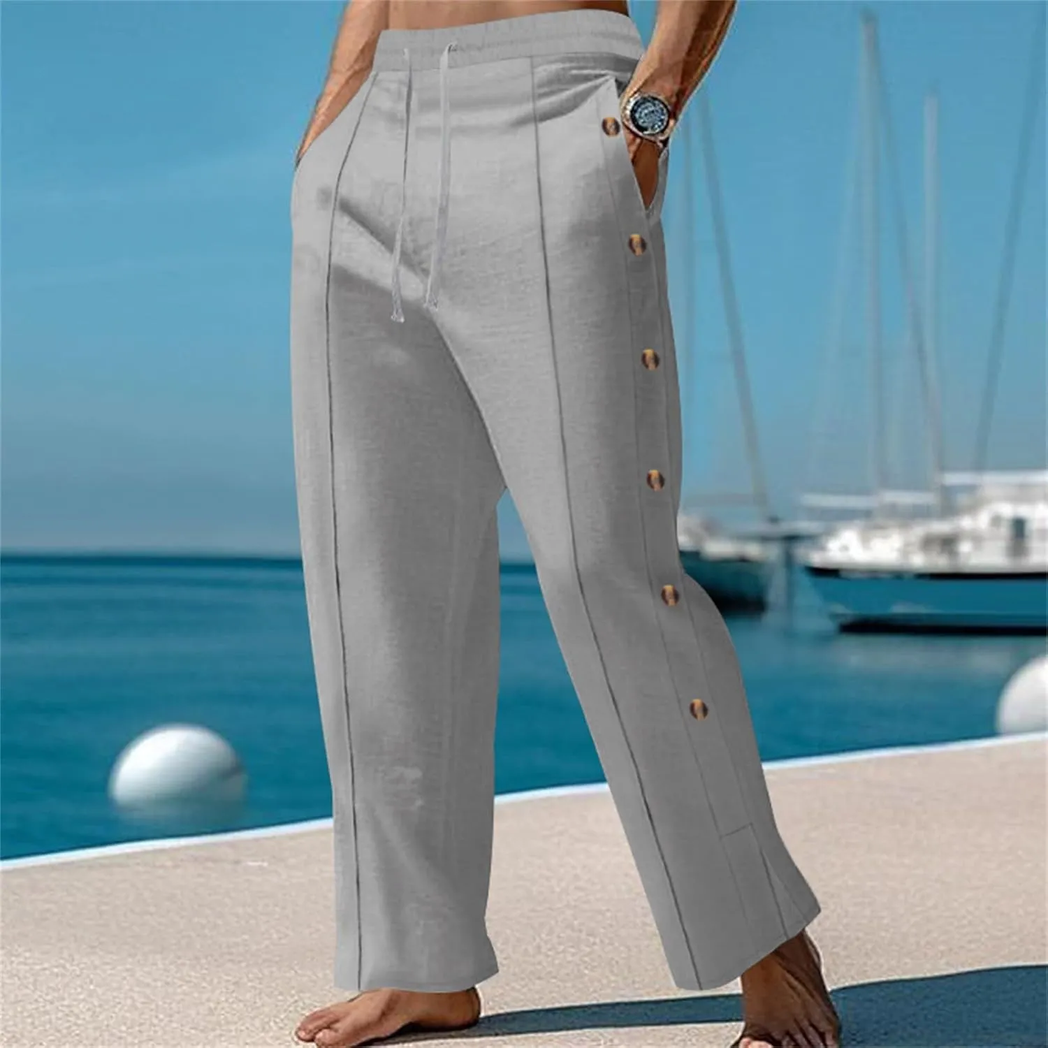 Mens Casual Linen Pants Lightweight Elastic Waist Beach Vacation Yoga Pants Solid Straight Slacks Drawstring Trouser