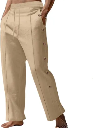 Mens Casual Linen Pants Lightweight Elastic Waist Beach Vacation Yoga Pants Solid Straight Slacks Drawstring Trouser