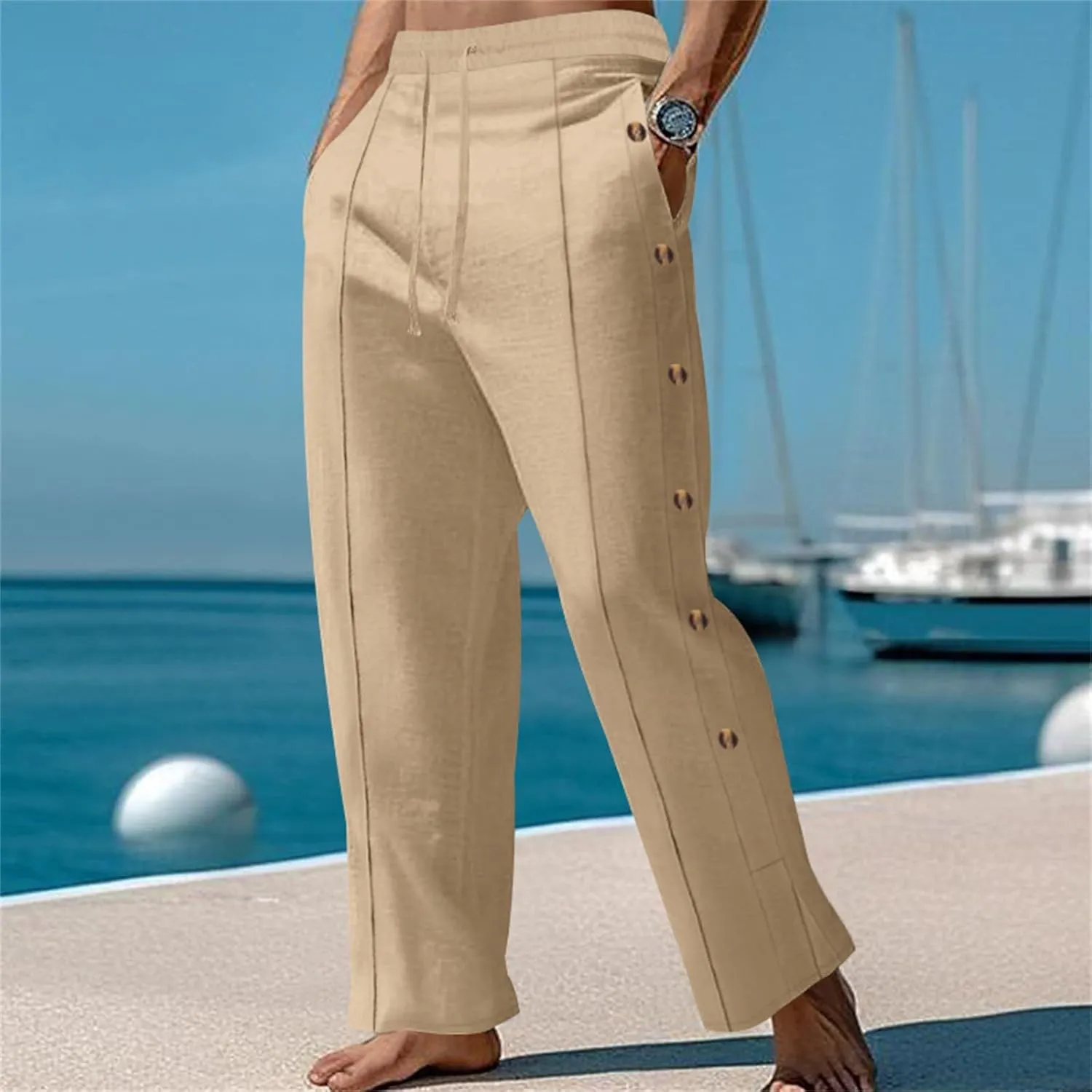 Mens Casual Linen Pants Lightweight Elastic Waist Beach Vacation Yoga Pants Solid Straight Slacks Drawstring Trouser