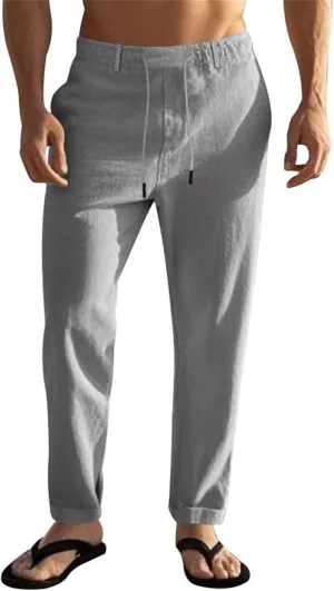 Mens Casual Linen Pants Lightweight Elastic Waist Vacation Yoga Pant Straight-Legs Beach Slacks Drawstring Trouser