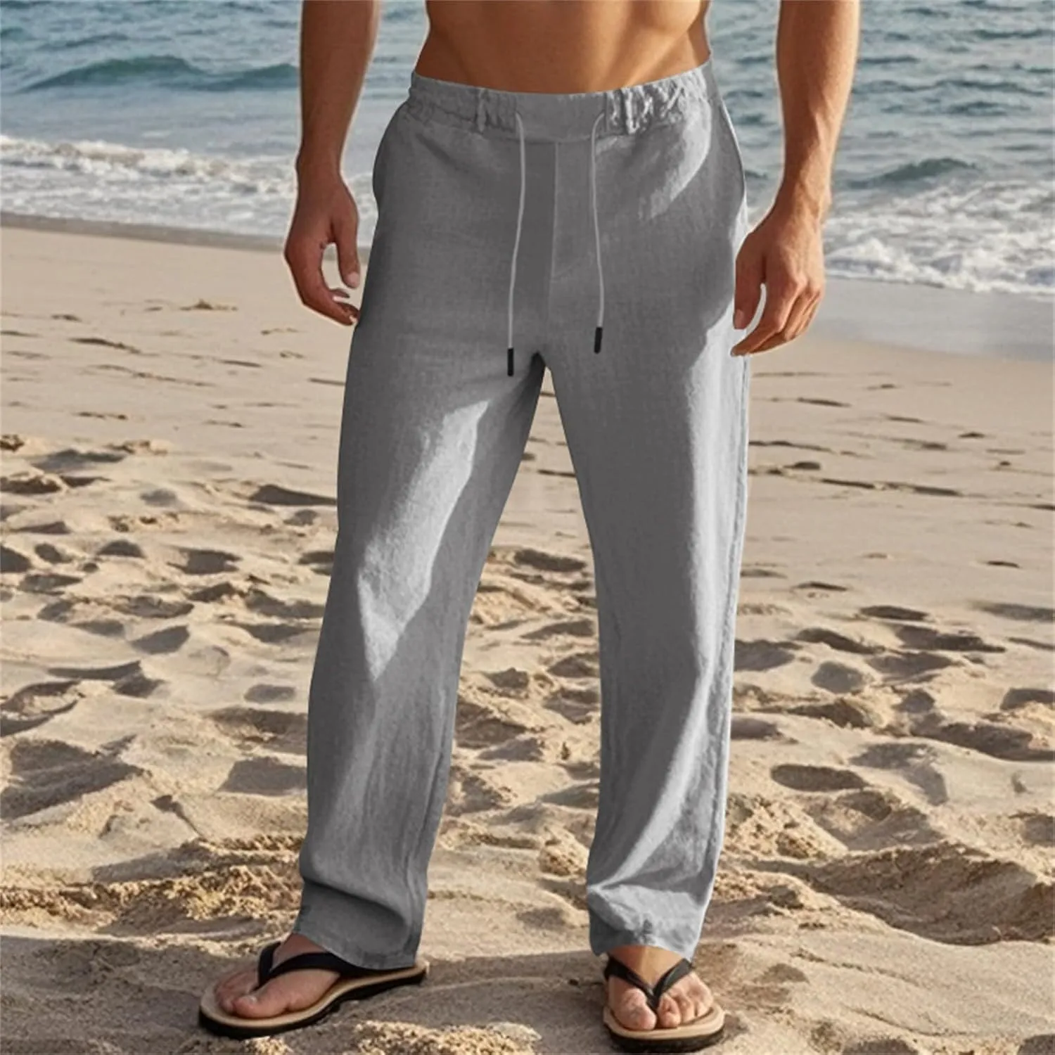 Mens Casual Linen Pants Lightweight Elastic Waist Vacation Yoga Pant Straight-Legs Beach Slacks Drawstring Trouser