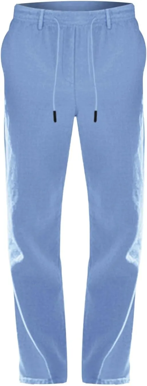 Mens Casual Linen Pants Lightweight Elastic Waist Vacation Yoga Pant Straight-Legs Beach Slacks Drawstring Trouser