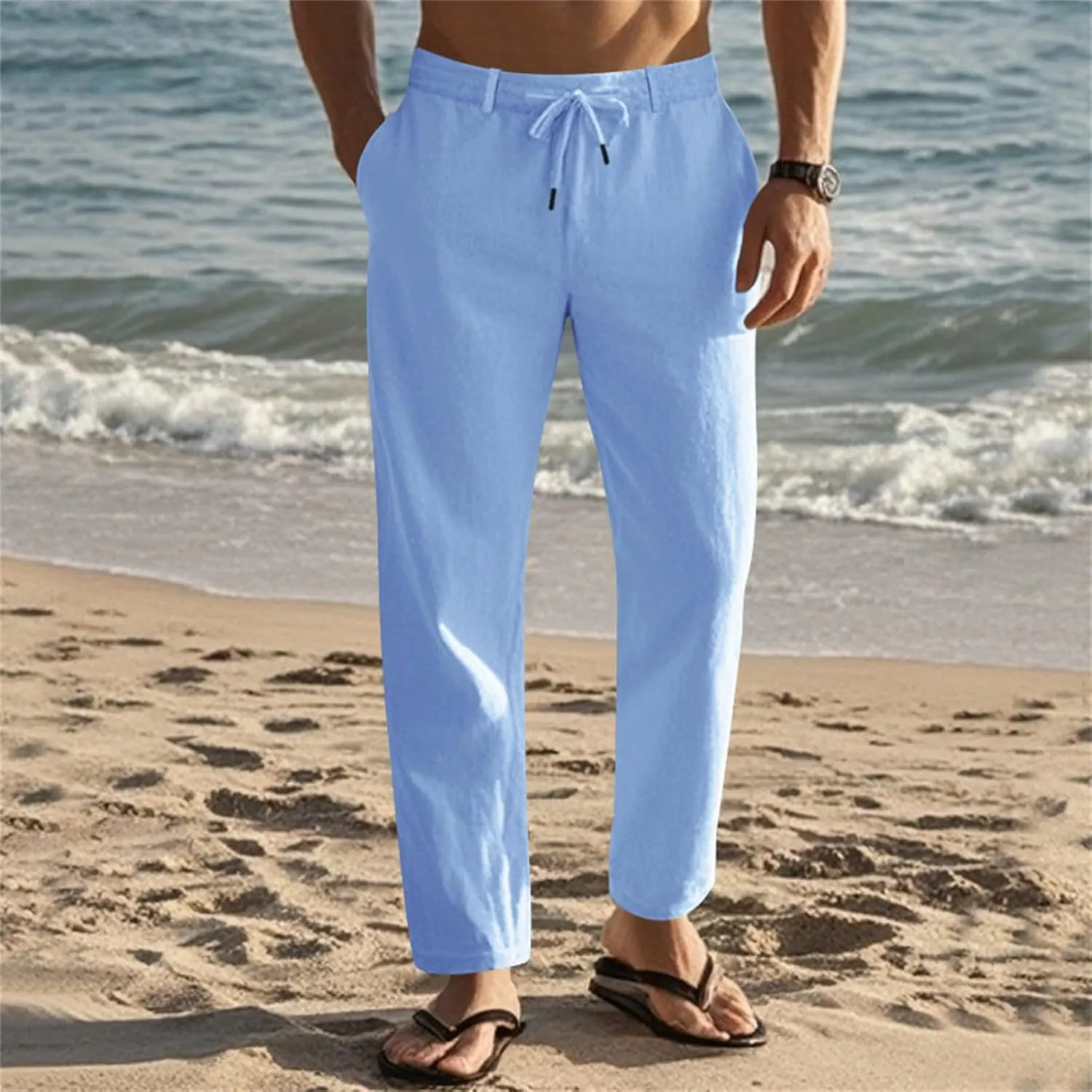 Mens Casual Linen Pants Lightweight Elastic Waist Vacation Yoga Pant Straight-Legs Beach Slacks Drawstring Trouser