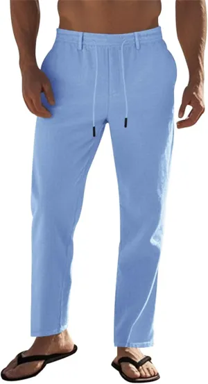 Mens Casual Linen Pants Lightweight Elastic Waist Vacation Yoga Pant Straight-Legs Beach Slacks Drawstring Trouser