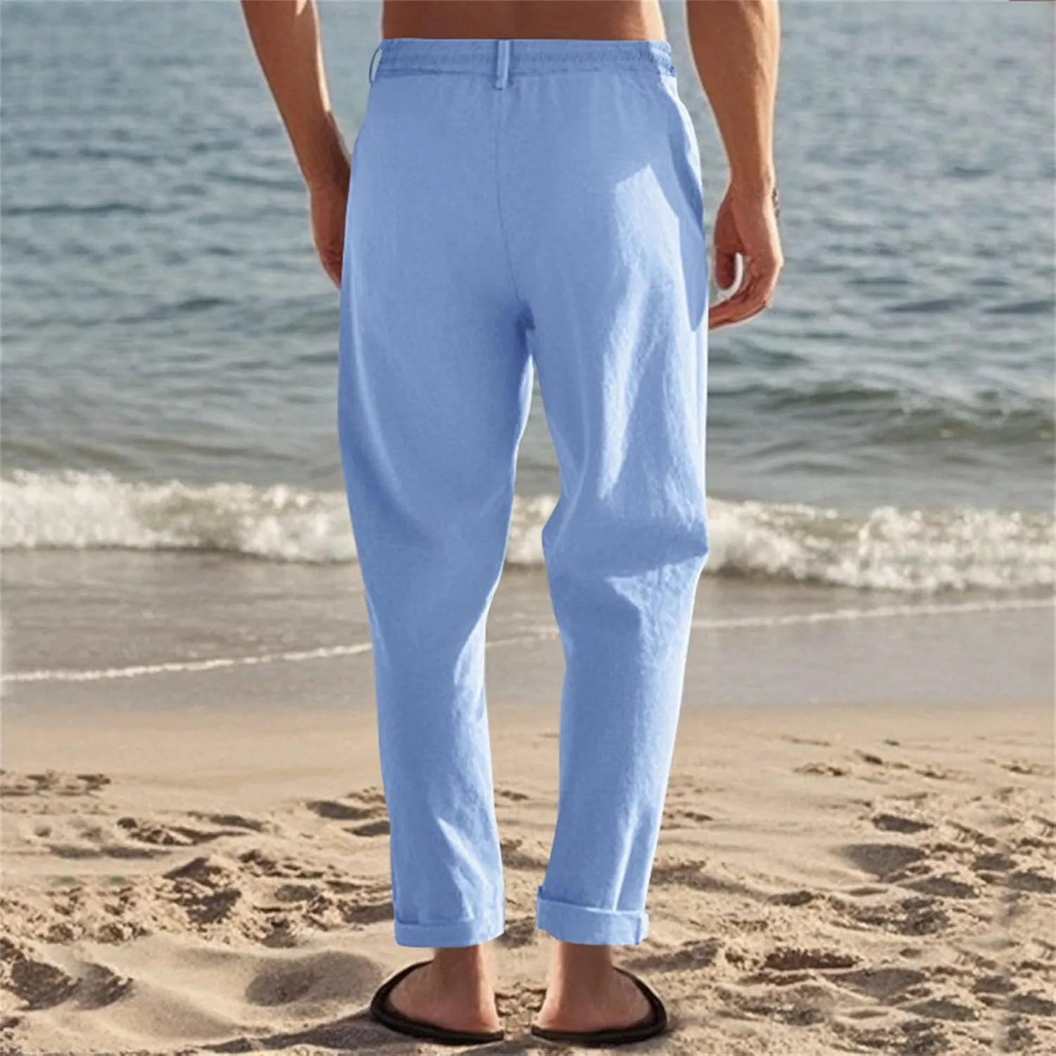 Mens Casual Linen Pants Lightweight Elastic Waist Vacation Yoga Pant Straight-Legs Beach Slacks Drawstring Trouser