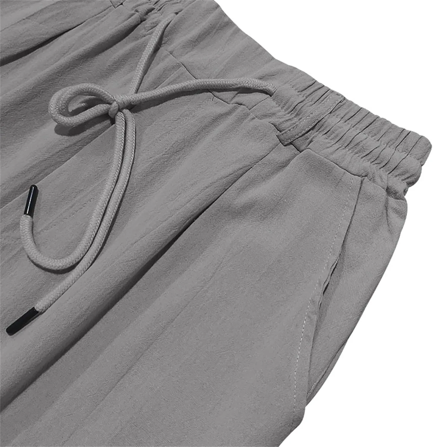 Mens Casual Linen Pants Lightweight Elastic Waist Vacation Yoga Pant Straight-Legs Beach Slacks Drawstring Trouser