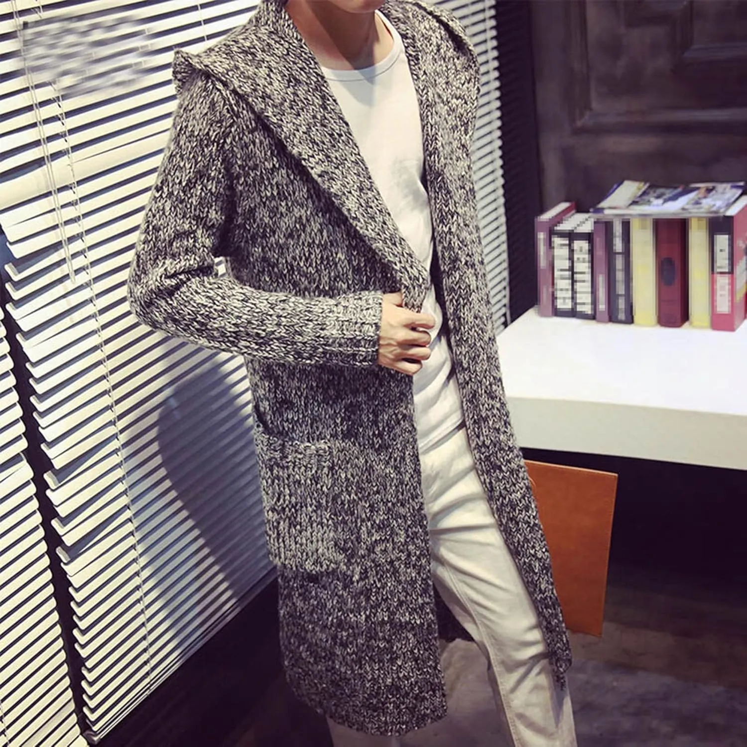 Mens Casual Long Open Front Cardigan Cable Ribbed Knitted Sweaters Trendy Lightweight Hooded Knitted Cardigans