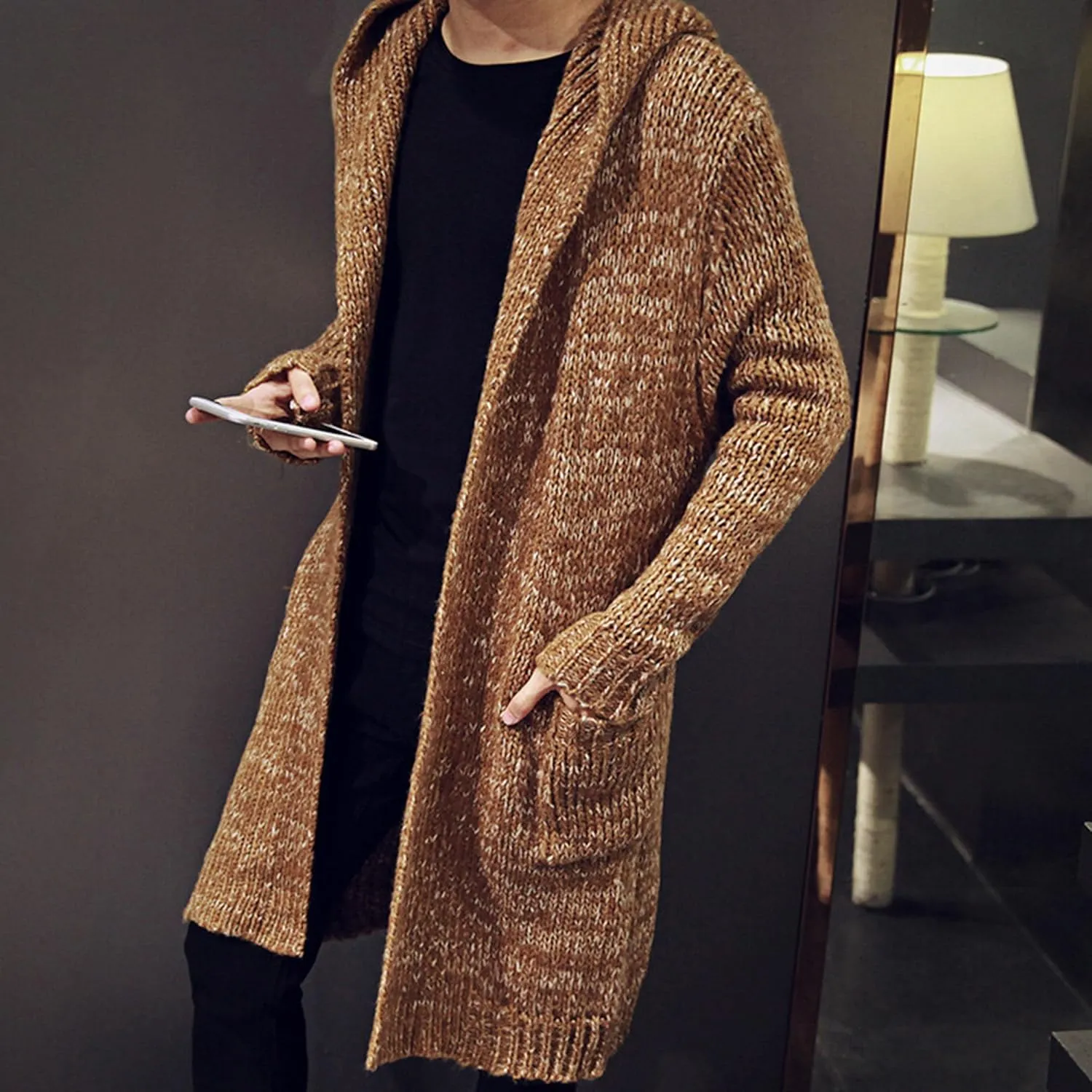 Mens Casual Long Open Front Cardigan Cable Ribbed Knitted Sweaters Trendy Lightweight Hooded Knitted Cardigans