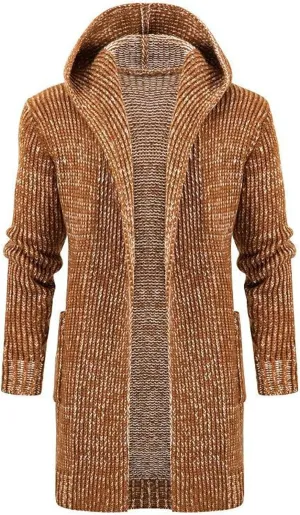 Mens Casual Long Open Front Cardigan Cable Ribbed Knitted Sweaters Trendy Lightweight Hooded Knitted Cardigans