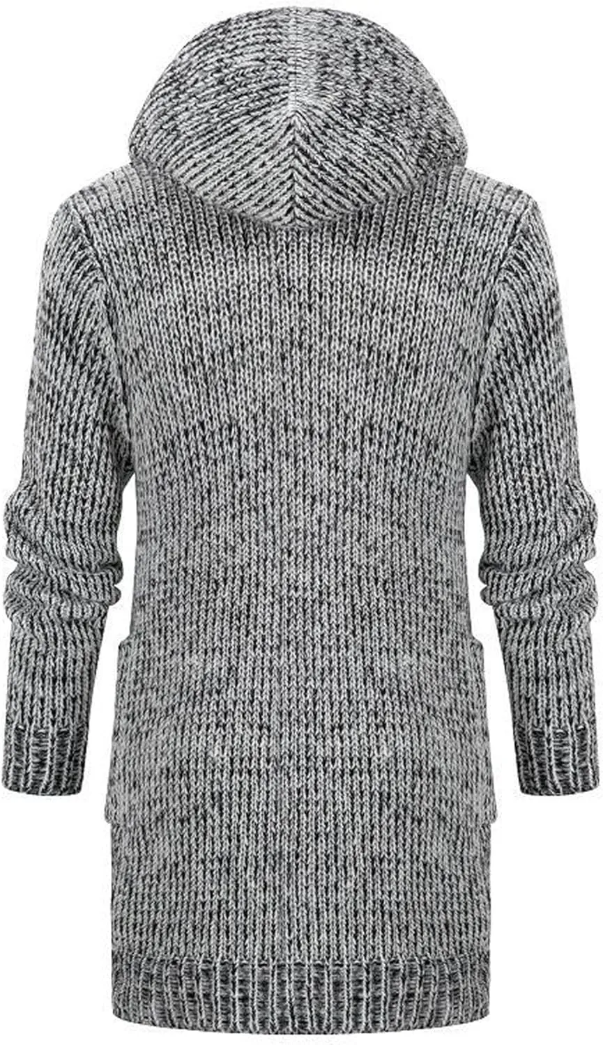 Mens Casual Long Open Front Cardigan Cable Ribbed Knitted Sweaters Trendy Lightweight Hooded Knitted Cardigans