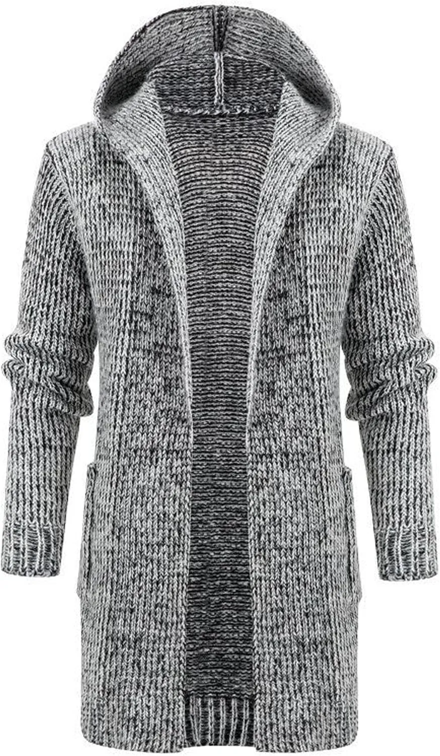 Mens Casual Long Open Front Cardigan Cable Ribbed Knitted Sweaters Trendy Lightweight Hooded Knitted Cardigans