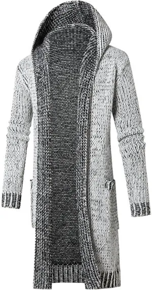 Mens Casual Long Open Front Cardigan Cable Ribbed Knitted Sweaters Trendy Lightweight Hooded Knitted Cardigans