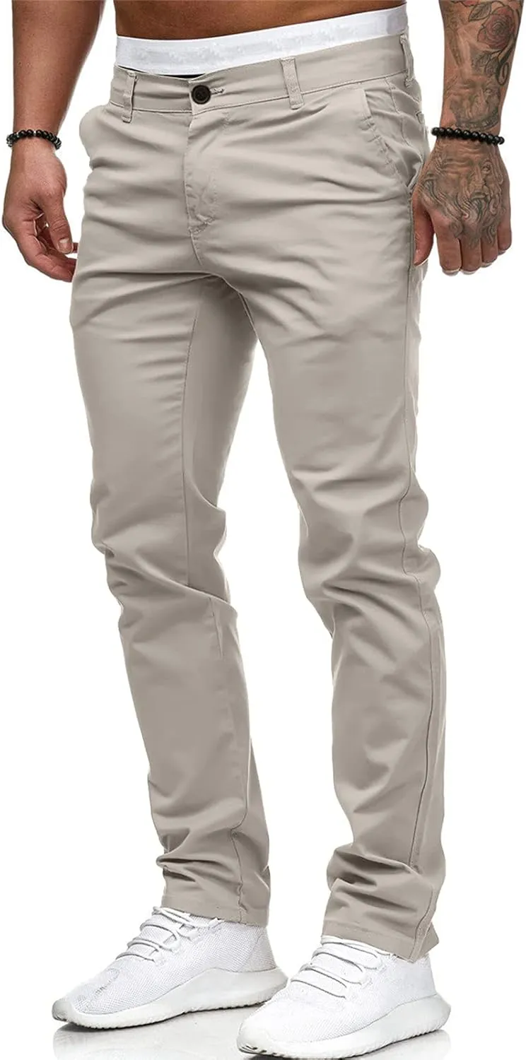 Mens Casual Outdoor Pants Lightweight Cotton Twill Elastic Waist Tapered Joggers Chino Pants with Pockets