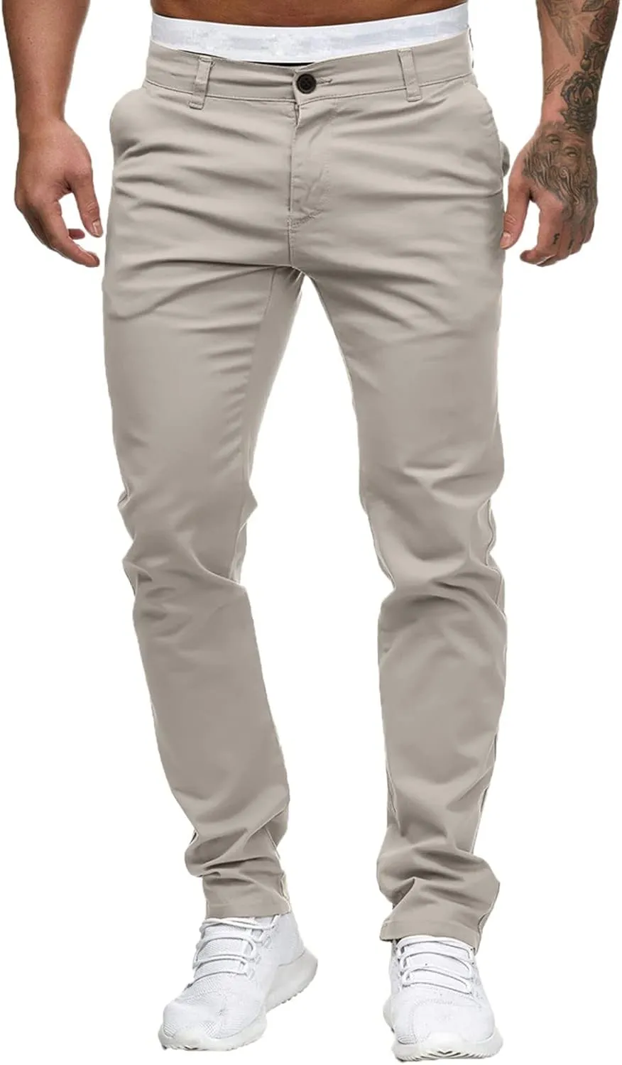 Mens Casual Outdoor Pants Lightweight Cotton Twill Elastic Waist Tapered Joggers Chino Pants with Pockets