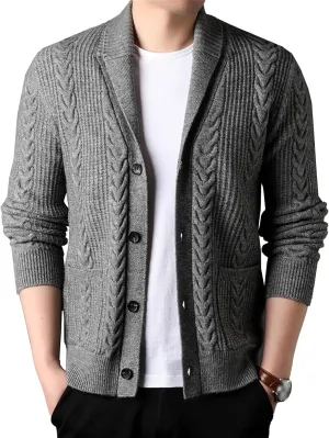 Men's Casual Rib Stand Collar Cardigan Shawl Collar Chunky Open Sweater Cable Knitted Button Down Sweaters