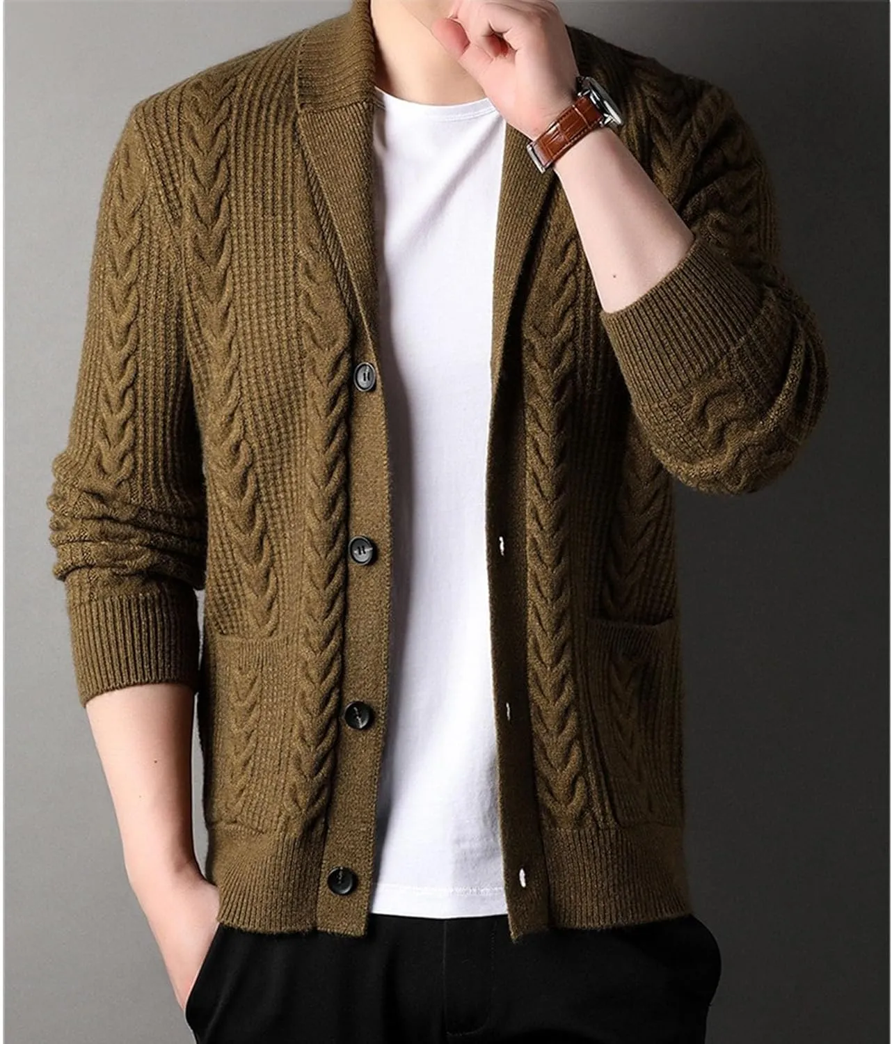 Men's Casual Rib Stand Collar Cardigan Shawl Collar Chunky Open Sweater Cable Knitted Button Down Sweaters