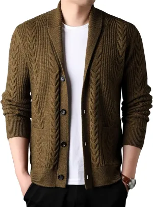 Men's Casual Rib Stand Collar Cardigan Shawl Collar Chunky Open Sweater Cable Knitted Button Down Sweaters