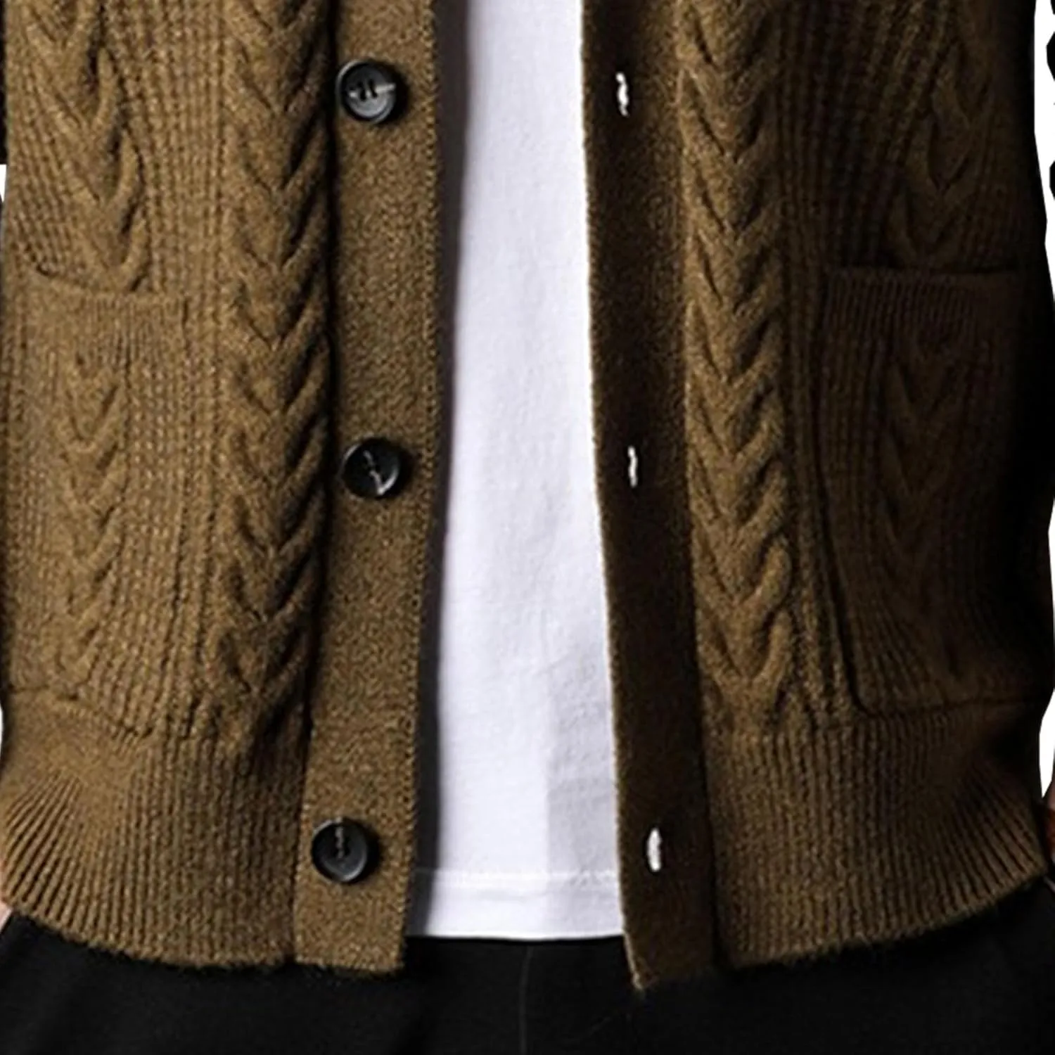 Men's Casual Rib Stand Collar Cardigan Shawl Collar Chunky Open Sweater Cable Knitted Button Down Sweaters