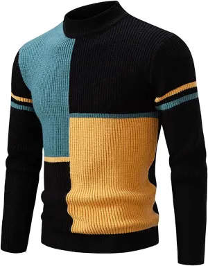 Mens Casual Turtleneck Sweaters Plus Size Trendy Colorblock Knitted Pullover Jumpers Fall Winter Warm Knitwear Tops