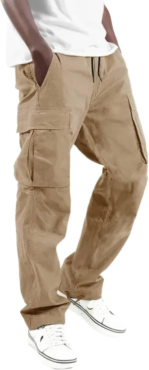 Men's Causal Cargo Pants Solid Color Multi Pockets Straight Leg Trousers Loose Fit Hiking Joggers Sport Pants