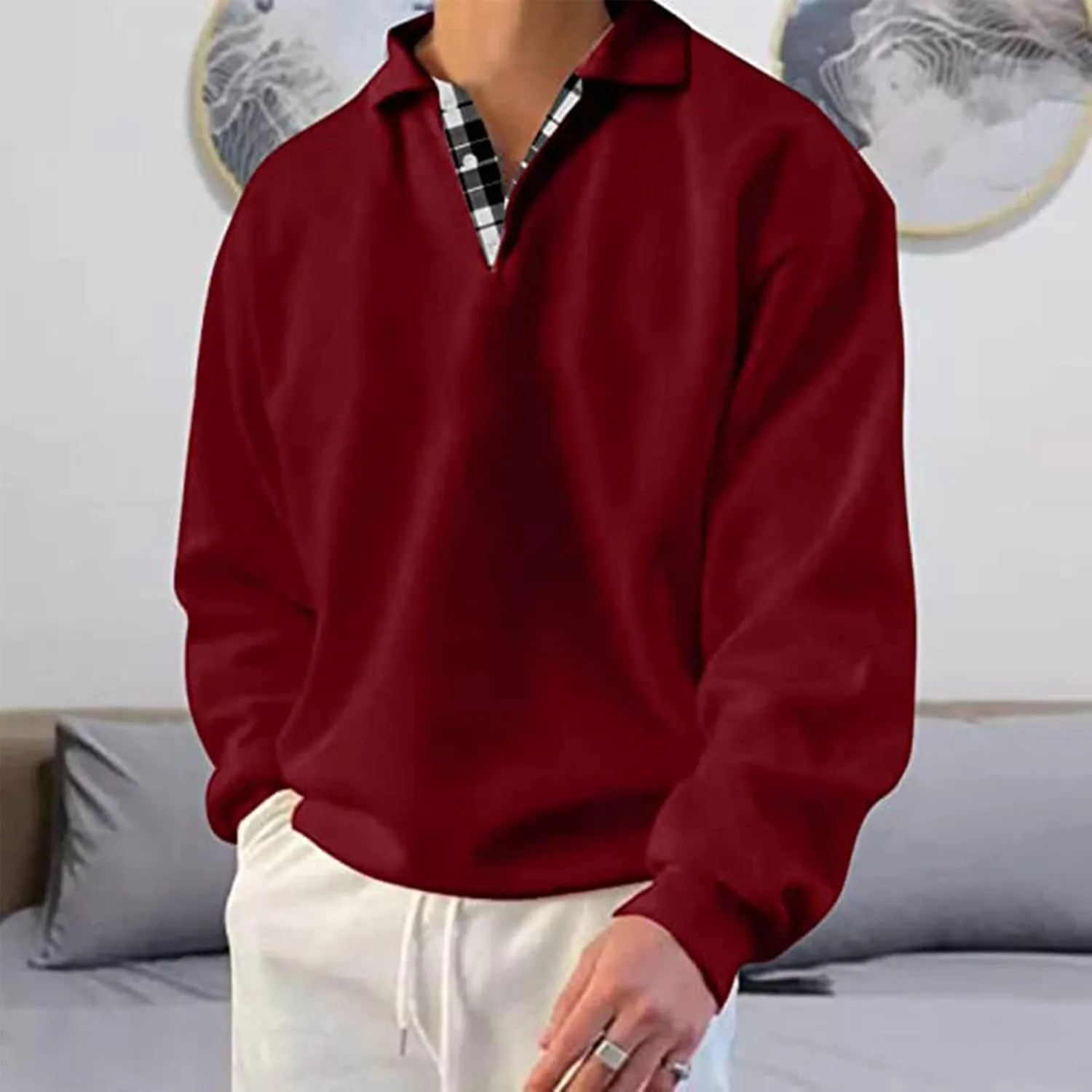 Mens Classic Polo Shirt Long Sleeve Pullover Gentleman Ocean Sweatshirts Lightweight Casual Tops