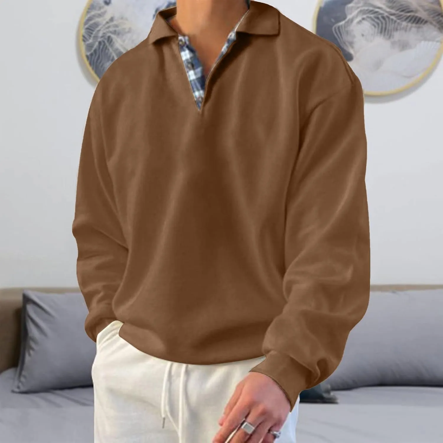 Mens Classic Polo Shirt Long Sleeve Pullover Gentleman Ocean Sweatshirts Lightweight Casual Tops