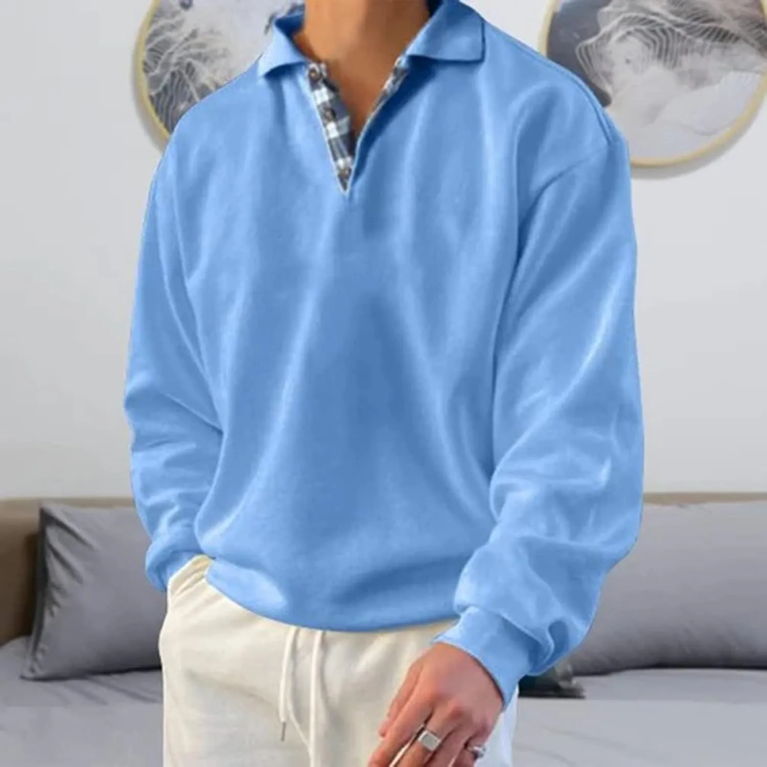 Mens Classic Polo Shirt Long Sleeve Pullover Gentleman Ocean Sweatshirts Lightweight Casual Tops