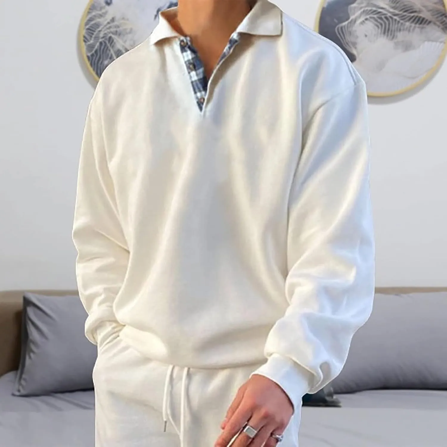 Mens Classic Polo Shirt Long Sleeve Pullover Gentleman Ocean Sweatshirts Lightweight Casual Tops