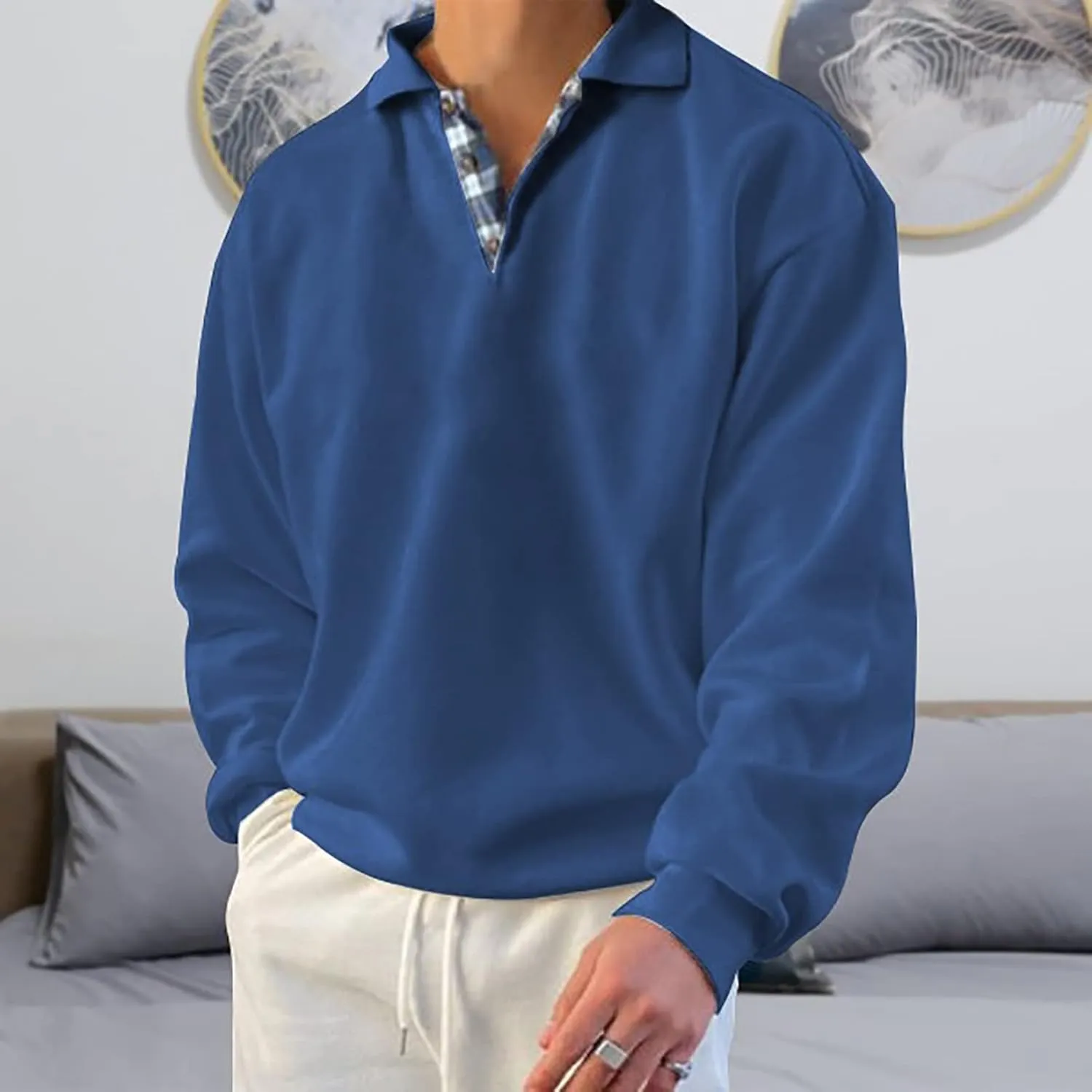 Mens Classic Polo Shirt Long Sleeve Pullover Gentleman Ocean Sweatshirts Lightweight Casual Tops